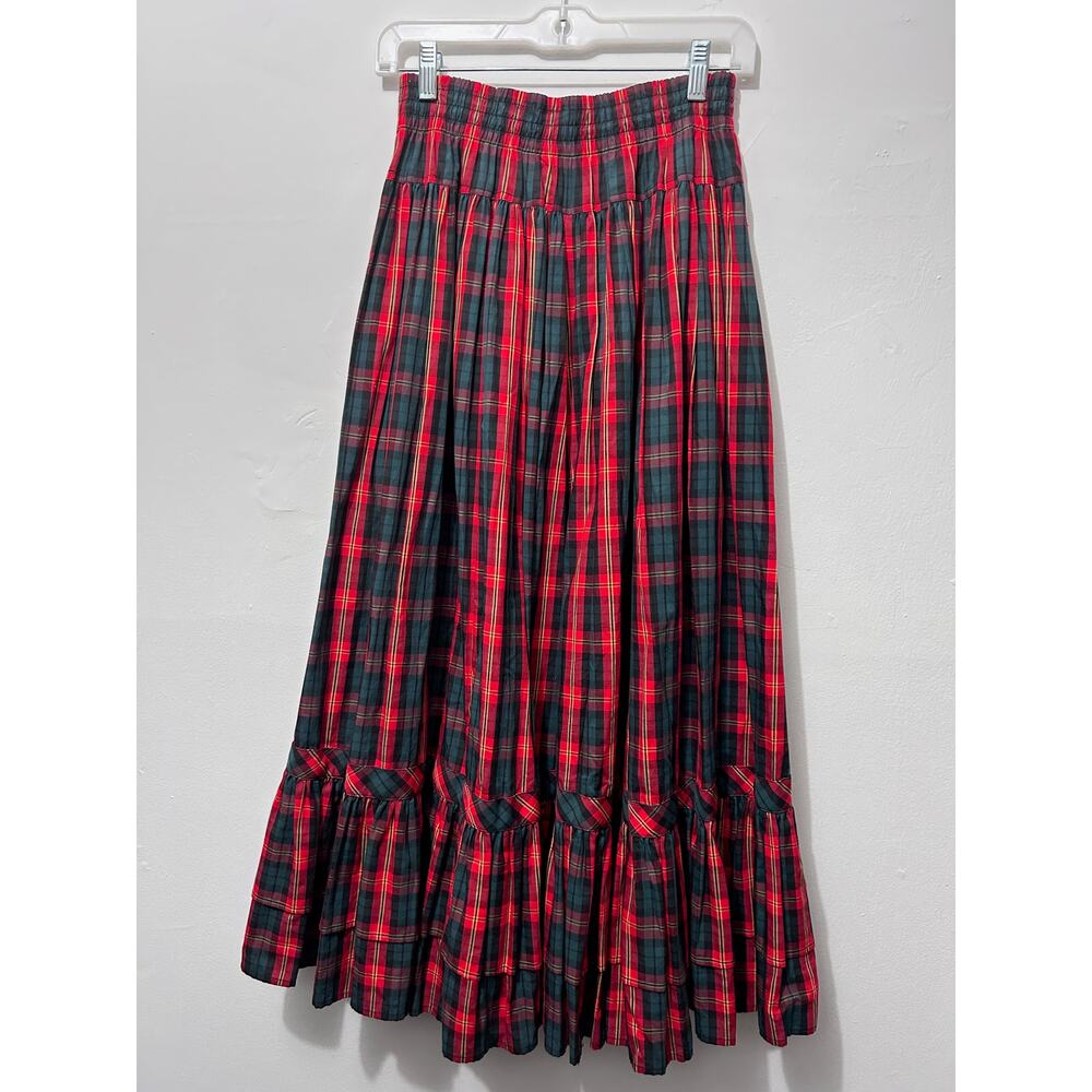 VTG 90s LizSport Red Green Plaid Maxi Skirt S Cottagecore Academia Tarten Pocket - Picture 2 of 8